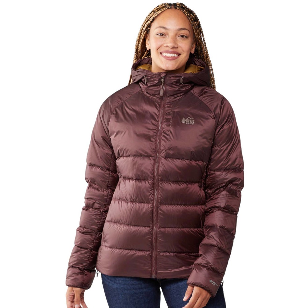 REI Stratocloud Down Hooded Puffer Jacket Women XL Brown Hoodie Insulated Active